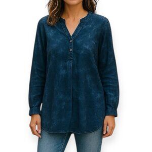 purejill Blue Mineral Wash Tunic Top L Organic Cotton Long Sleeve Split Neck